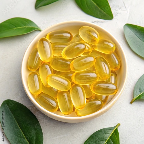 Bowl of Omega-3 Fish Oil Capsules with Green Leaves, Healthy Supplement photo