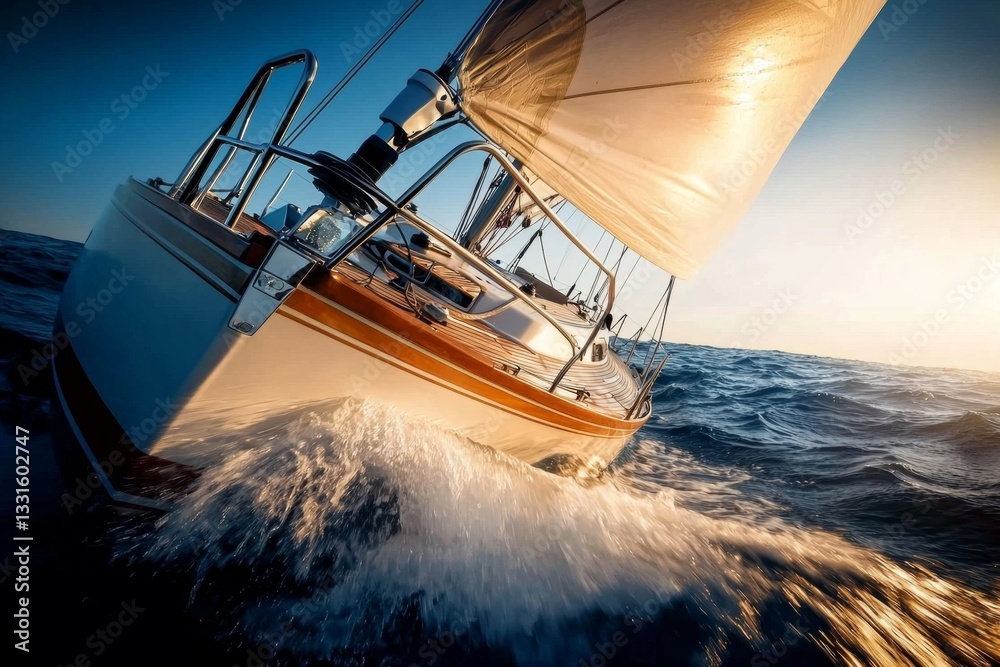 Obraz premium An intimate perspective of a sailboat’s bow against the backdrop of the sea.
