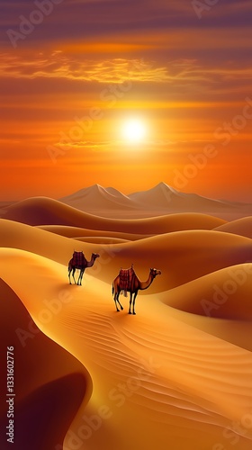 Camels travel across desert dunes at sunset, mountains in background, travel and landscape
