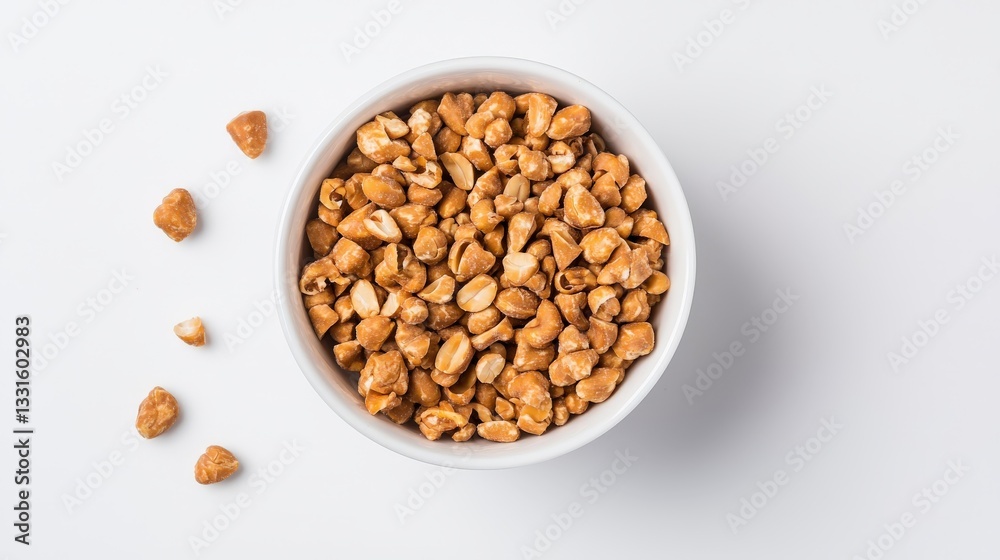 Crunchy Caramel Coated Snack in a White Bowl on Light Background Crunchy Caramel Coated Snack in a White Bowl on Light Background
