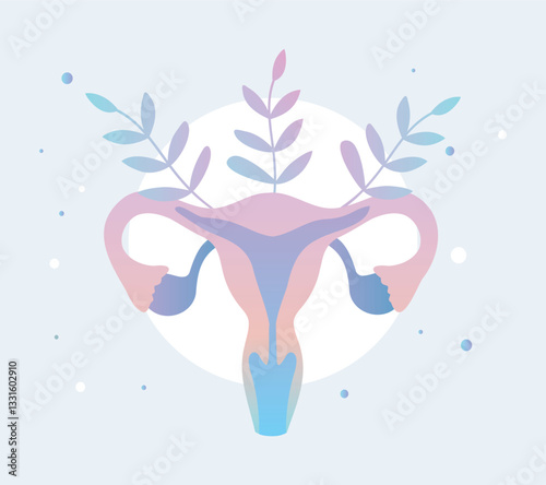 Women's Health Day. Vector illustration of female uterus with flowers symbol of health and care in gentle blue pink palette. Women's health concept, menstrual cycle, ovulation, gynecology