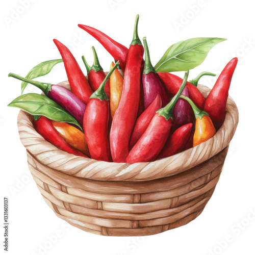 vibrant watercolor illustration of basket filled with colorful chili peppers, showcasing their rich hues and fresh leaves