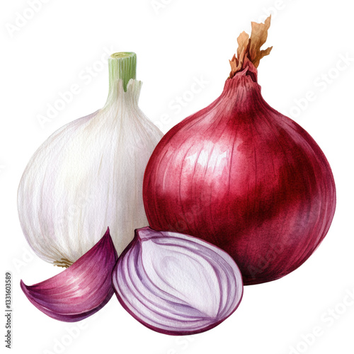 Fresh garlic and onions in beautiful watercolor illustration, showcasing their vibrant colors and textures