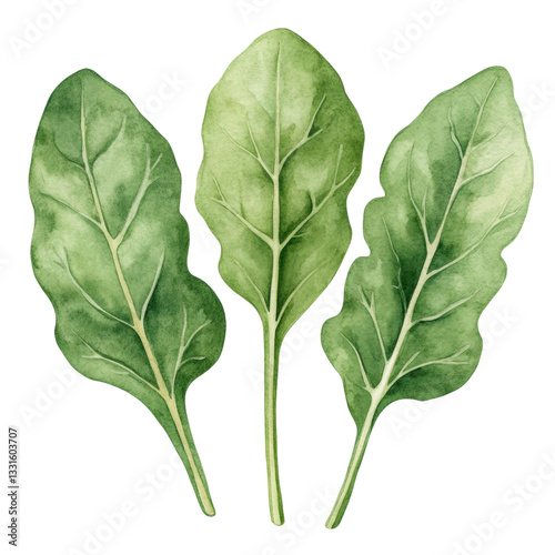 Beautiful watercolor illustration of leafy green spinach leaves, showcasing their vibrant colors and intricate details