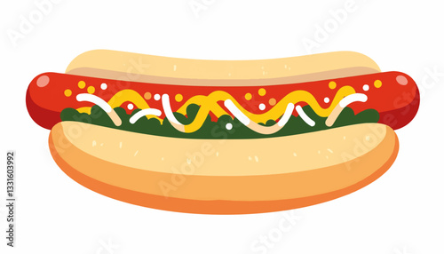 Vibrant hot dog featuring geometric toppings on white background, deliciousness