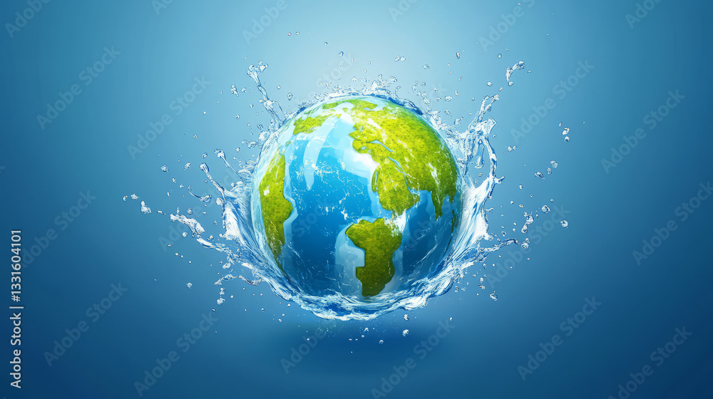 Globe with green continents surrounded by splashing water, symbolizing Earth beauty and vitality Globe with green continents surrounded by splashing water, symbolizing Earth beauty and vitality