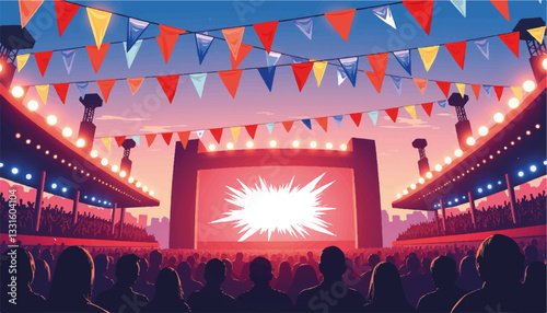 Patriotic concert venue decorated with flags, evening celebration