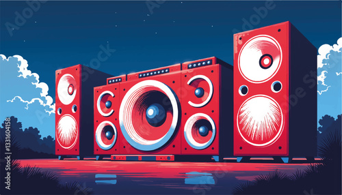 Large sound system against clear night sky, vibrant music atmosphere