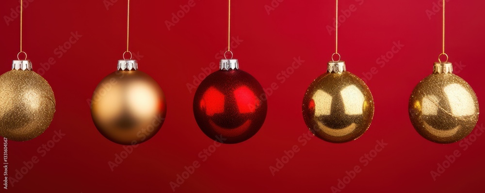 Fototapeta premium hanging red and gold christmas balls on red background