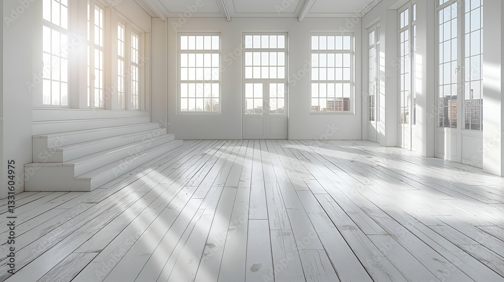 Obraz premium Bright White Room Minimalist Design, Wooden Floor, and Sunlight for Modern Home