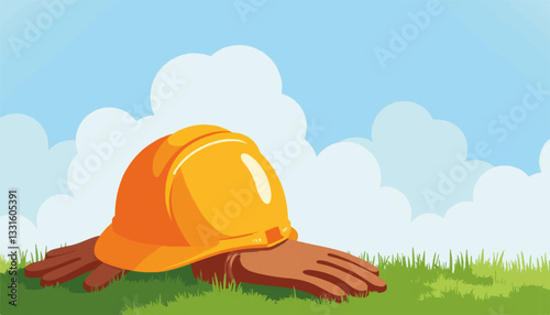 Orange hard hat and brown gloves resting on grass, construction safety