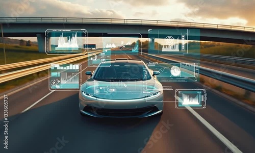 A self-driving car equipped with autopilot glides along a sunlit highway towards its destination. This showcases the advancements in technology through animated visuals