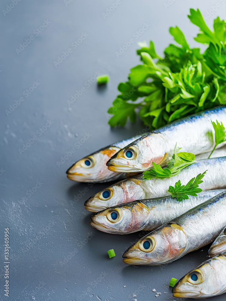 Fresh Sardines Surrounded by Vibrant Greens on Ice in a Coastal Market Setting Fresh Sardines Surrounded by Vibrant Greens on Ice in a Coastal Market Setting