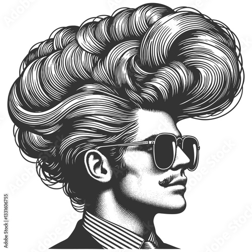 fashionable man with exaggerated, voluminous hair and a beard, wearing sunglasses and a tuxedo, surrealism with vintage aesthetics sketch engraving generative ai vector. Scratch board. Black and white