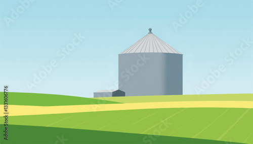 Geometric silo in vibrant green fields under blue sky, rural serenity