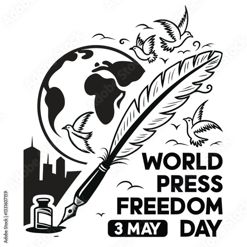 World Press Freedom Day 3 May – A Powerful Illustration of Free Media, Quill Pen, and Global Journalism Representation