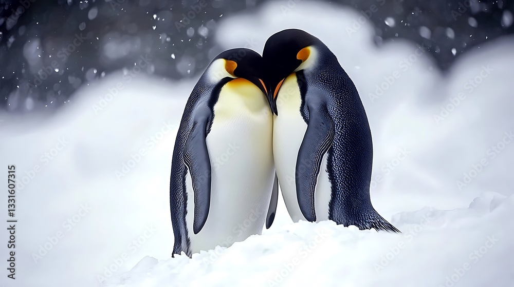 Fototapeta premium Emperor Penguins Embrace in Antarctic Blizzard