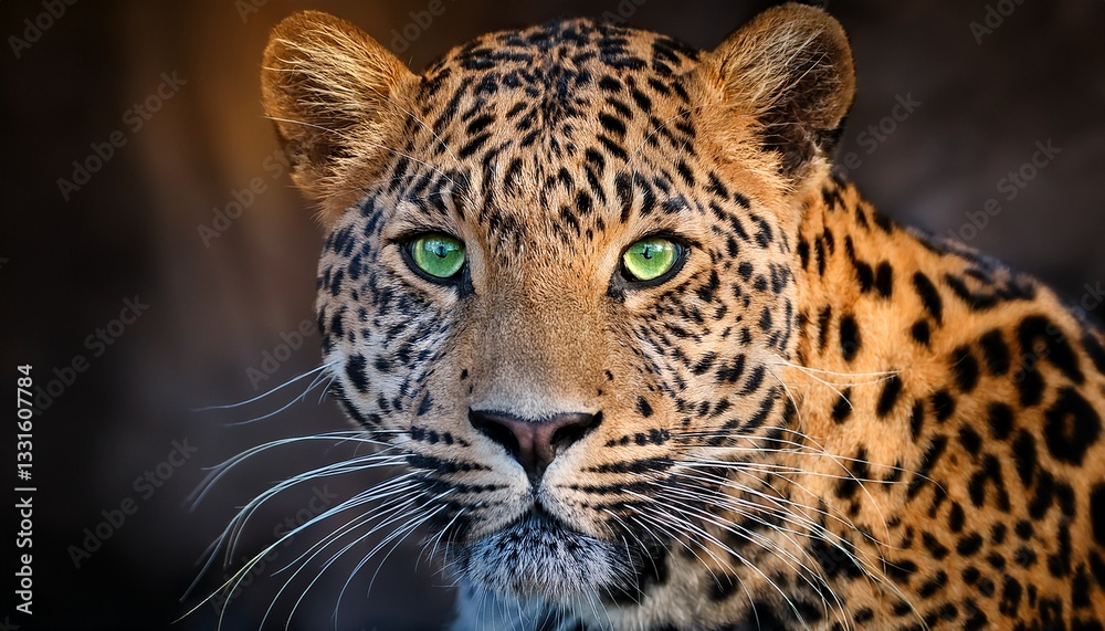 Fototapeta premium a close up of a leopard showcases its striking and intense gaze directly into the camera its piercing green eyes prominent whiskers and sleek muscular build are visible a blurred background