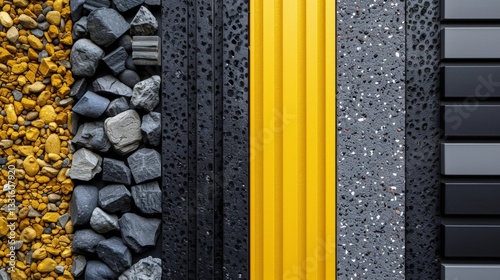 Roadbed layers, yellow divider, various materials, urban infrastructure