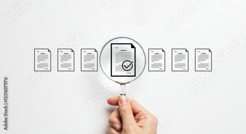concept of document review and quality control hand holds a magnifying glass over a document icon with a checklist, symbolizing document assessment and approval. certificate management, auditing