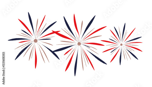 Geometric fireworks bursting in red, white, and blue, celebration