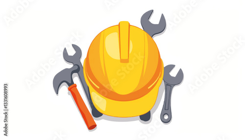 Construction tools around yellow hard hat on white background, teamwork