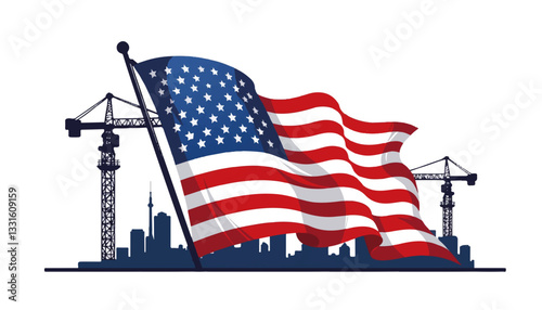 American flag waving above construction site, symbolizing progress