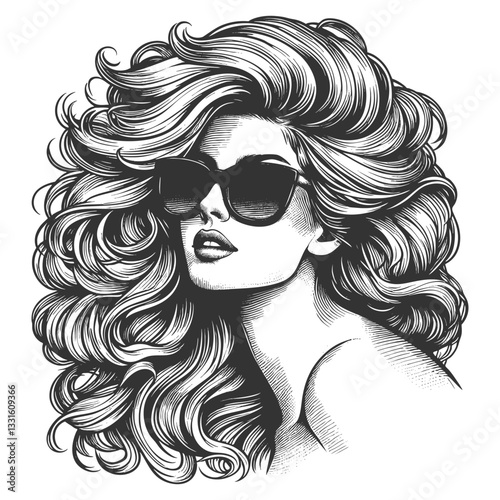 fashionable woman with voluminous hair wearing stylish sunglasses, exuding confidence and glamour sketch engraving generative ai vector illustration. Scratch board imitation. Black and white image.