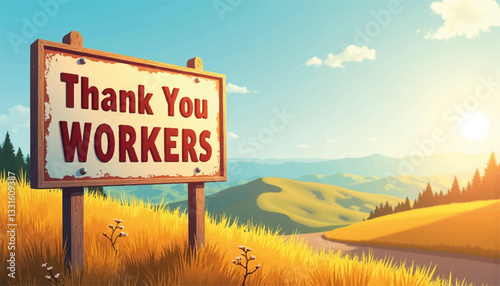 Thank You Workers sign in rolling hills at sunset, gratitude expressed