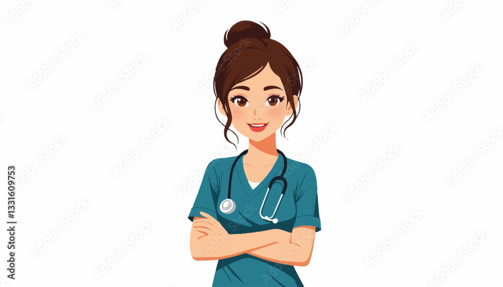 Smiling nurse in scrubs with stethoscope on white background, healthcare spirit