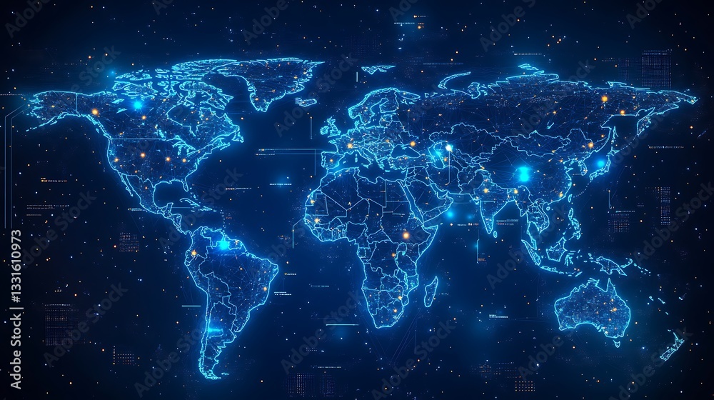 Obraz premium A futuristic digital world map showcasing global internet usage growth, glowing neon heatmaps highlighting connectivity by continent, holographic data overlays, deep cyber-blue background,