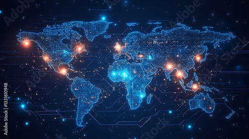 A futuristic digital world map showcasing global internet usage growth, glowing neon heatmaps highlighting connectivity by continent, holographic data overlays, deep cyber-blue background,