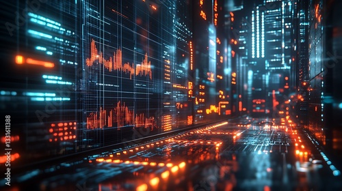 A futuristic financial crisis report  a cyberpunk-inspired holographic display showing extreme stock market fluctuations  flashing warning signals  deep cyber-aesthetic UI 