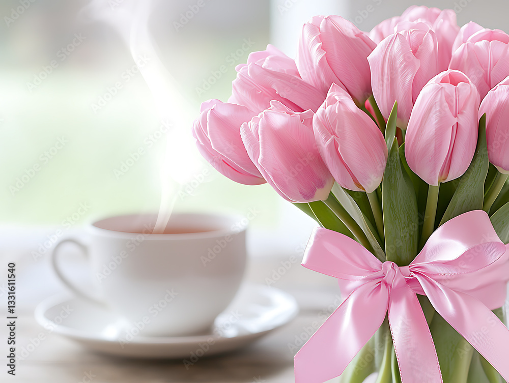 Fototapeta premium Relaxing morning tea with pink tulips home setting floral arrangement cozy atmosphere close-up serenity