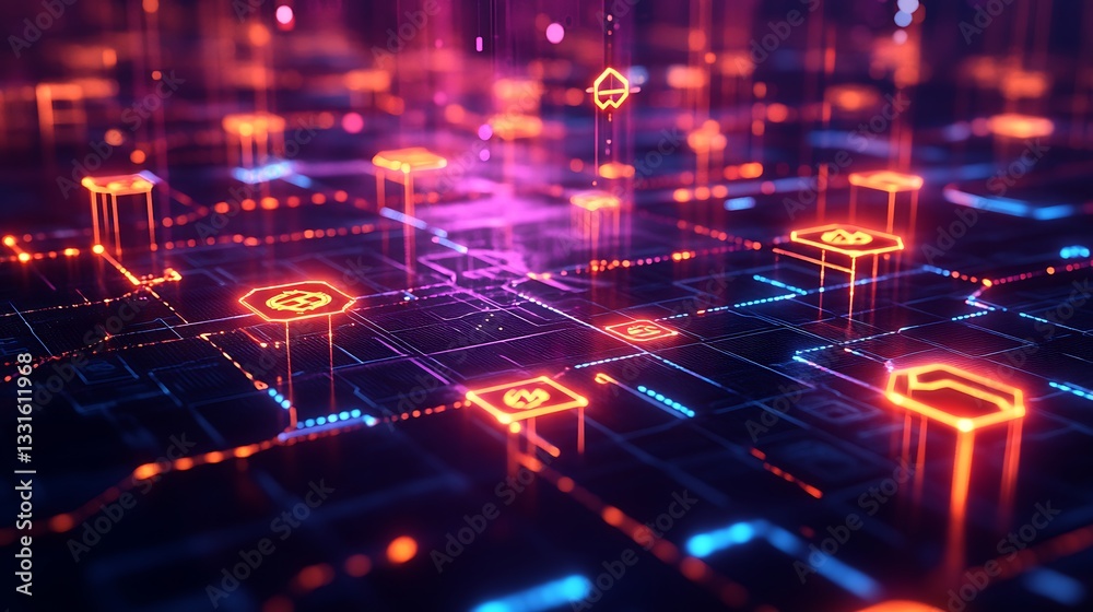 A futuristic financial world powered by blockchain, interconnected banking institutions in a glowing global network, decentralized finance nodes, pulsating encrypted pathways, deep cyberpunk colors, A futuristic financial world powered by blockchain, interconnected banking institutions in a glowing global network, decentralized finance nodes, pulsating encrypted pathways, deep cyberpunk colors,
