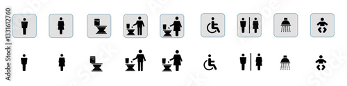 toilet vector icons representing male and female restroom symbols in a clean and minimalistic design. Perfect for signage, wayfinding, public facilities, mobile apps, websites, and print materials.