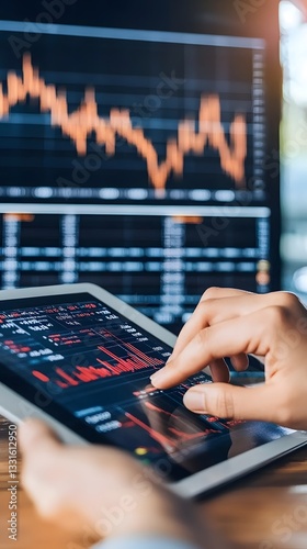 Analyzing financial data on a tablet with stock charts in the background. Investment review.
