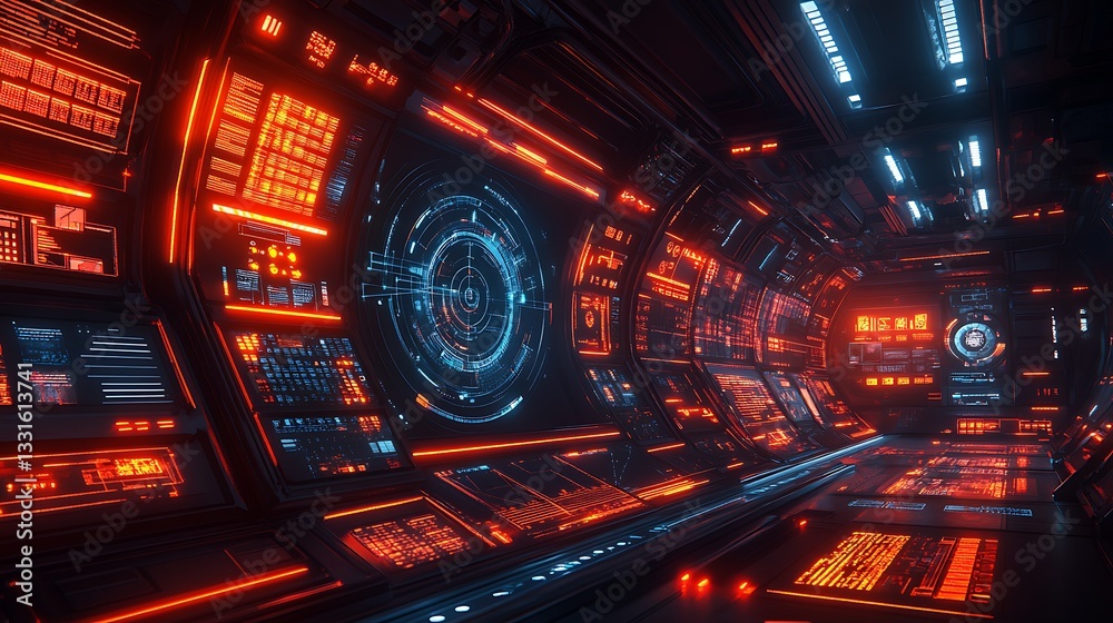 Obraz premium A futuristic radar chart tracking the rise of streaming services, dynamic glowing UI elements, data nodes pulsating with real-time updates, cyberpunk sci-fi aesthetics, volumetric lighting,