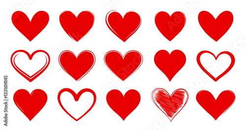 Set of different red heart. Cartoon style flat vector illustration. Hearts symbol icon set. isolated on white.