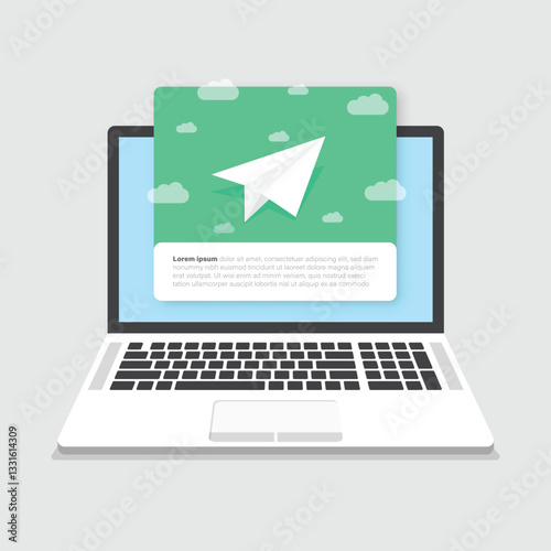Banner of email marketing with laptop computer icon in flat style. Subscription to newsletter vector illustration on isolated background. Subscribe, submit sign business concept.