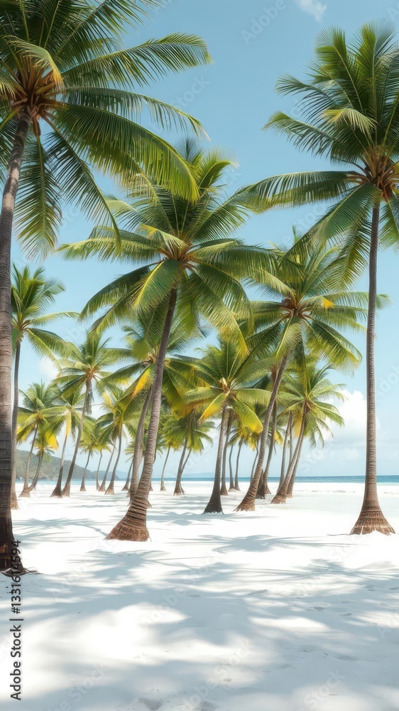 Lush tropical palm trees line a pristine white sand beach, idyllic beach, travel, coconut Lush tropical palm trees line a pristine white sand beach, idyllic beach, travel, coconut
