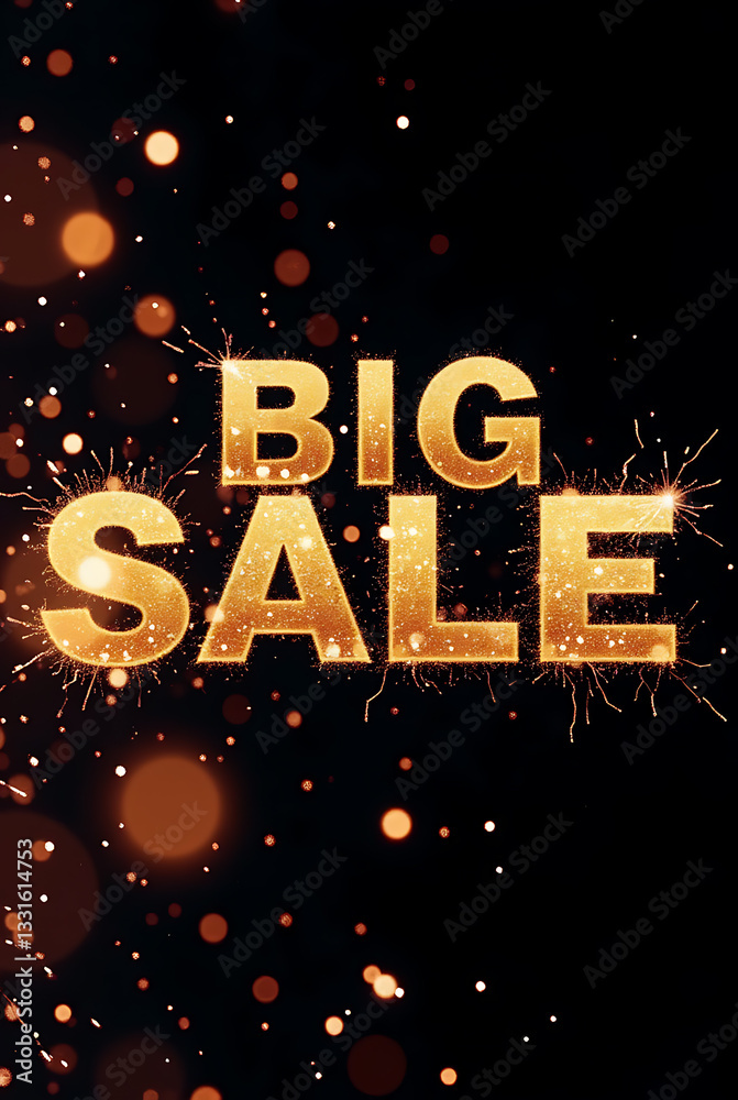 Bright golden text declaring big sale sparkles against a black background, attracting attention for promotional events and discounts