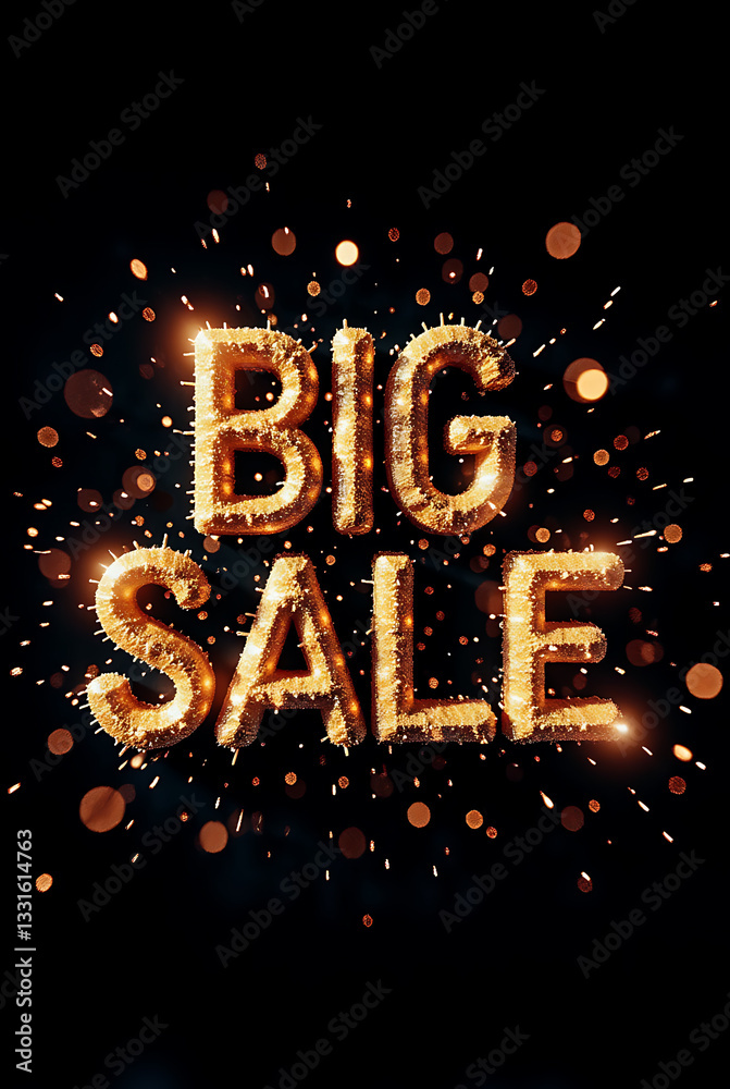Bright golden text declaring big sale sparkles against a black background, attracting attention for promotional events and discounts