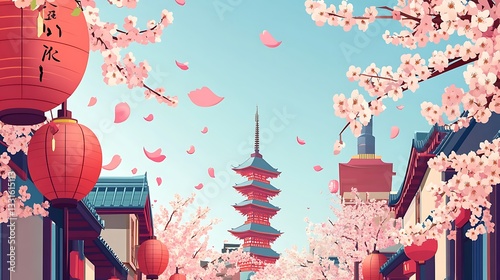Cherry blossom street scene with lanterns, pagoda, and falling petals, usable for travel design