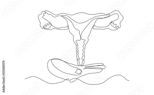 Continuous single line of hand holding uterus ovary cervix anatomy female reproductive organ sketch drawing editable stroke vector illustration