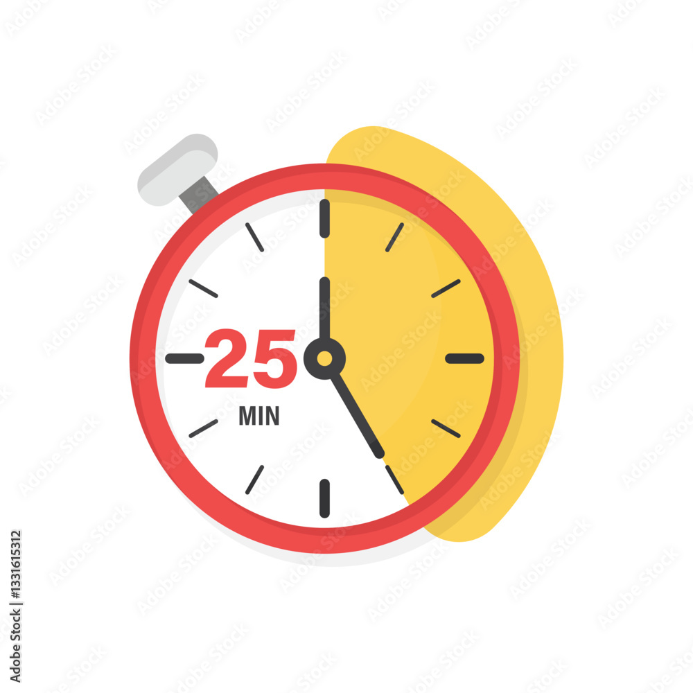 25 minutes on stopwatch icon in flat style. Clock face timer vector illustration on isolated background. Countdown sign business concept. 25 minutes on stopwatch icon in flat style. Clock face timer vector illustration on isolated background. Countdown sign business concept.