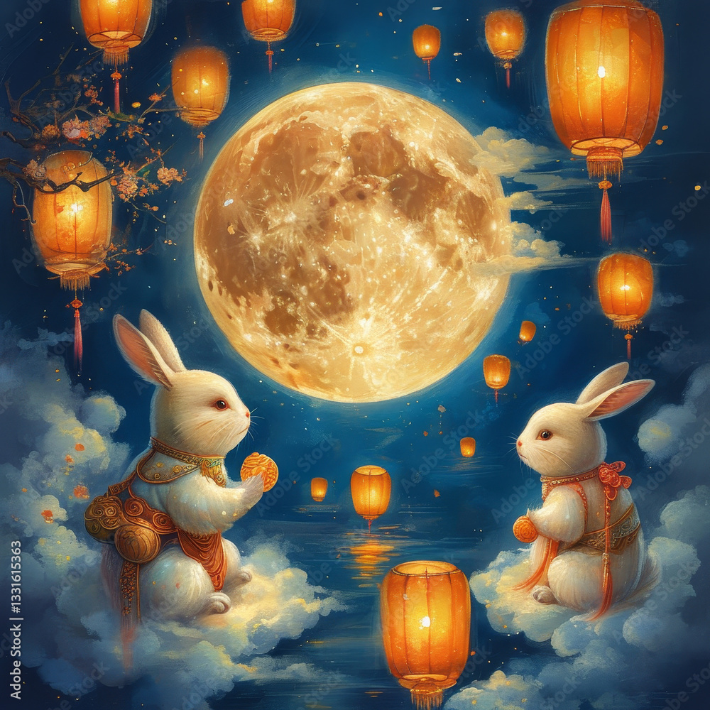 Naklejka premium Buddhist Mid-Autumn Festival celebration, legendary Moon Goddess Chang'e and the Jade Rabbit sitting under a glowing full moon, floating lanterns and misty clouds, Mid-Autumn Festival