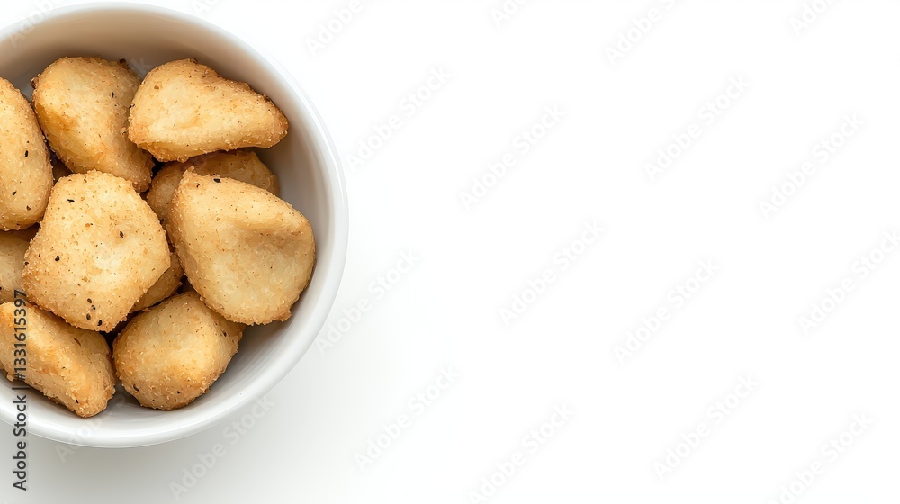 Golden Fried Snacks in a Bowl on a White Background Golden Fried Snacks in a Bowl on a White Background