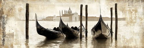 Gondolas docked in Venice, with a vintage look, showcasing the iconic church. Ideal for travel