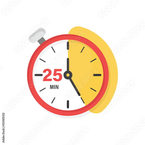 25 minutes on stopwatch icon in flat style. Clock face timer vector illustration on isolated background. Countdown sign business concept.